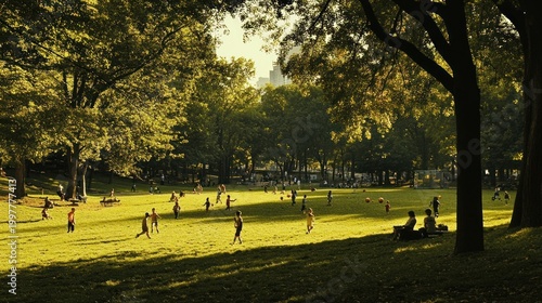 Park scene, people playing, sunny day, city skyline