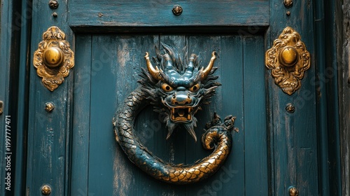 Ancient Dragon Door Handle on Teal Wood Door
