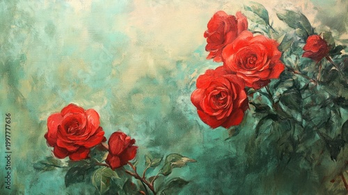 Painted Red Roses on Teal Background