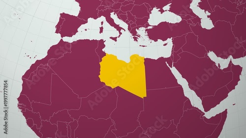 Libya map. Animated zoom into the country on the Globe in Pale Mint Dark Pink color palette. Country logo animation with round text and airplanes. Map with meridians, parallels. Creative video.