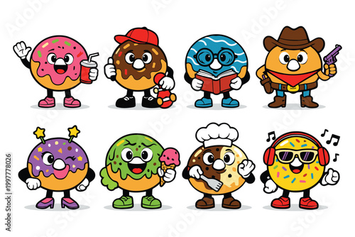 Set of cute cartoon donut characters with different activities and outfits in a fun colorful sticker style
