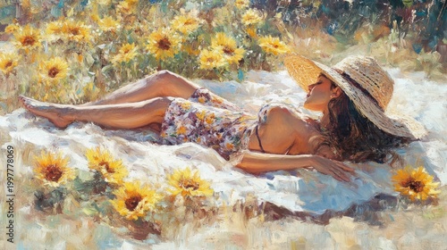 Woman resting in sunflower field, sunny day, idyllic scene