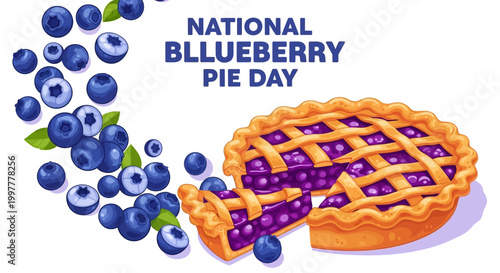 A vector illustration celebrating National Blueberry Pie Day features a sliced homemade blueberry pie with a lattice crust and fresh blueberries, set against a clean white background