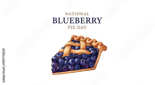 Close-up food styling illustration of a slice of homemade blueberry pie with a lattice crust and juicy filling, set against a clean white background to celebrate National Blueberry Pie Day