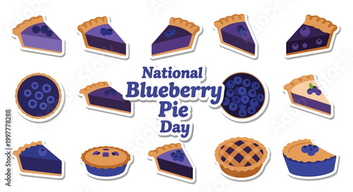 Vector illustrations of various blueberry pie desserts and slices are arranged against a clean white background, showcasing a range of pastry designs with a sweet and cheerful mood