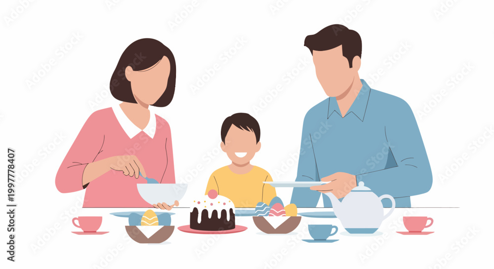 Obraz premium Happy family enjoying a cake together at a table.