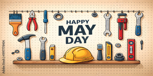 Happy Labor Day USA Workshop Tools Background with Pegboard and Safety Helmet, May Day Construction Equipment Illustration