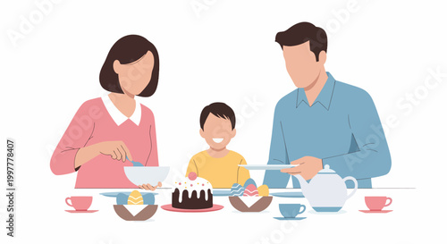 Happy family enjoying a cake together at a table.
