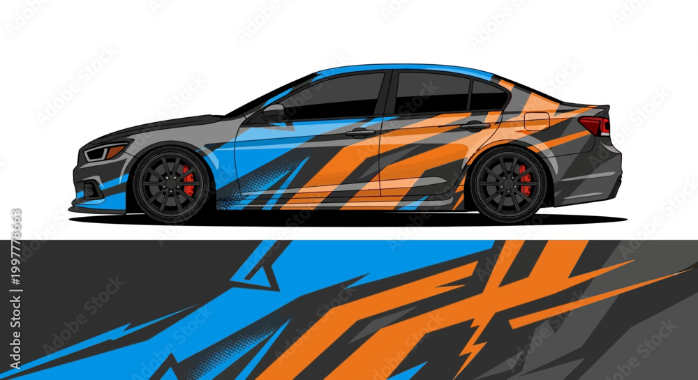 Obraz premium Sports car livery design with blue and orange geometric shapes