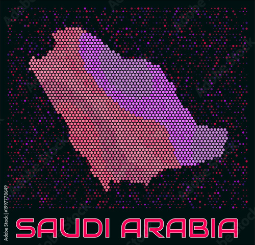 Saudi Arabia digital style hexagon map. Vibrant magenta purple pink neon dotted shape. Country tiny bright hexagon cells. Saudi Arabia honeycomb map design. Vibrant Vector Illustration.