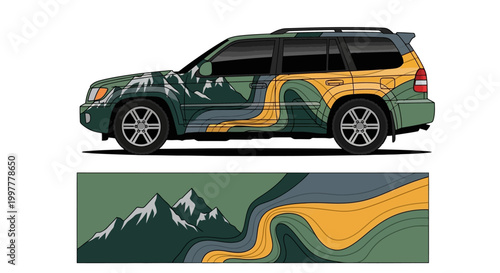 SUV car wrap design with mountain and landscape theme