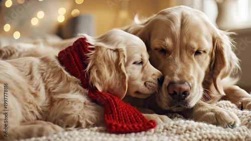 Adult Golden Retriever and puppy with red scarves lying together on a cozy blanket. Father's Day