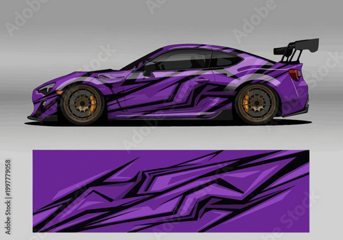 Modern purple sports car with custom racing livery wrap design