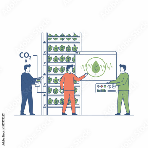 Greenhouse Plant Care by Workers with Control Panel.