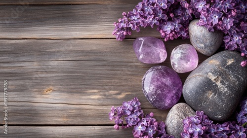 Amethyst stones, lilac flowers, and gray stones on a rustic wooden background