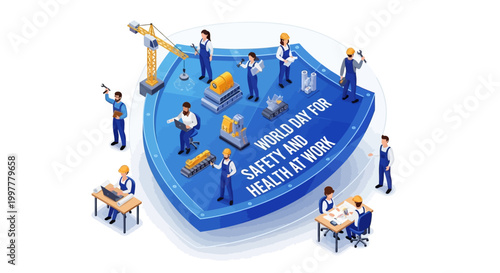 Isometric illustration featuring World Day for Safety and Health at Work, showing workers in protective gear around a large shield on a blue surface, promoting industrial safety awareness
