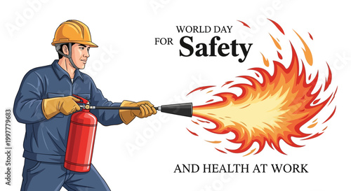 A vector illustration commemorates World Day for Safety and Health at Work, depicting a worker in protective gear using a fire extinguisher to put out a blaze, set against a clean white