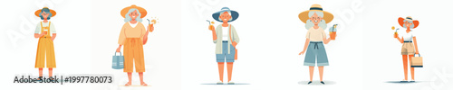 vector of a grandma standing on the beach drinking ice on summer