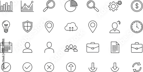 Business and UI minimal line vector icon set with analytics charts navigation user interface controls and workflow elements