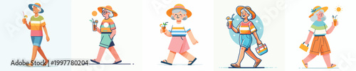 vector of a grandma walking on the beach drinking ice on summer