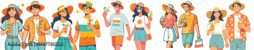 half body vector of a couple walking together on the beach drinking ice on summer