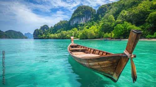 Traditional longtail boat peacefully floating on sparkling turquoise ocean water near lush tropical islands, paradise travel video.