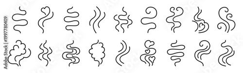 Steam and smoke icon set in hand drawn doodle contour set. Flowing swirls curved lines representing aroma waves air scent. Minimal linear symbols soft motion, abstract vapor shapes and dynamic fluid