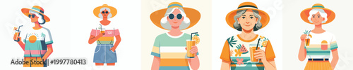 half body vector of a grandma standing on the beach drinking ice on summer