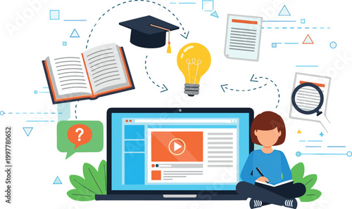 Online education illustration with student learning on laptop and digital study elements in flat vector style
