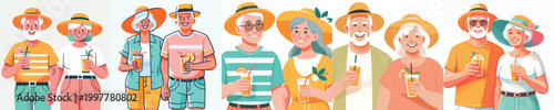 half body vector of a old couple walking together on the beach drinking ice on summer