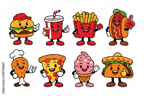 Set of cute happy fast food cartoon characters including burger soda fries hotdog chicken pizza ice cream taco