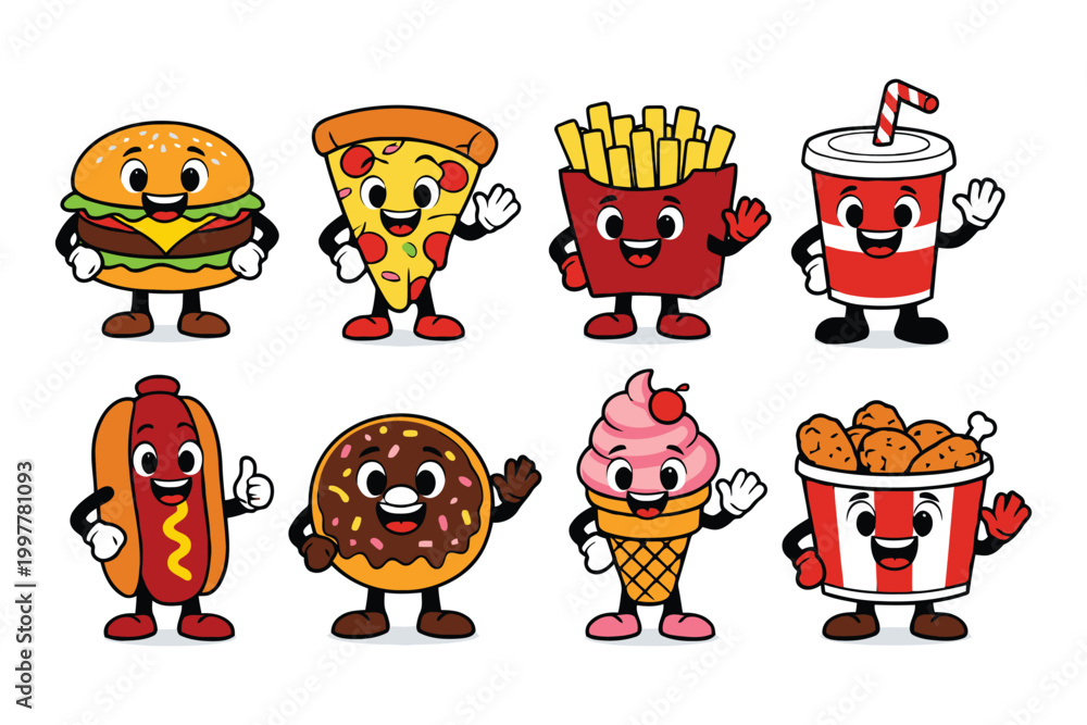 Fototapeta premium Set of cute fast food character mascots including burger pizza fries soda hotdog donut ice cream and chicken
