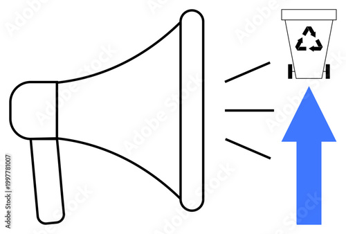 Environmental awareness, waste management, recycling education, sustainability initiatives, eco-friendly living, responsible communication. Megaphone, recycling bin arrow pointing upward. Recycling