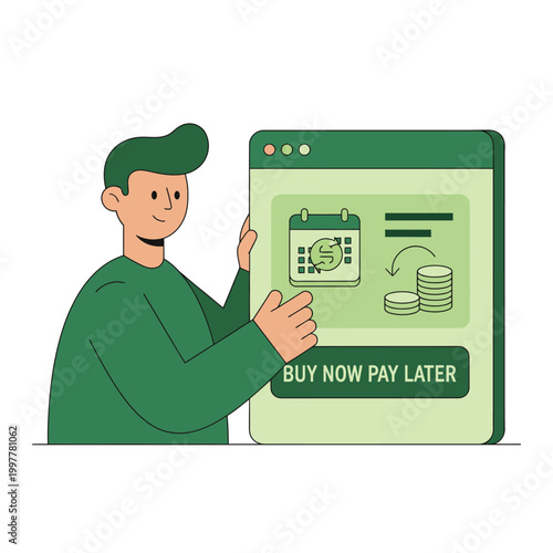 Illustrated man presenting online payment interface with buy now pay later.