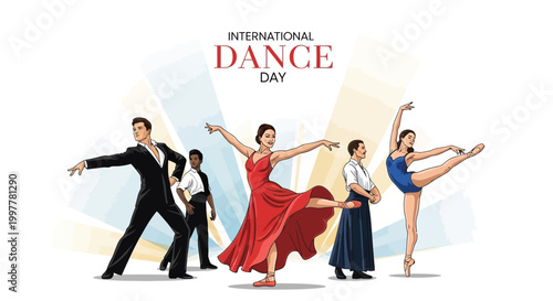 A vibrant vector illustration celebrating International Dance Day, showcasing dancers in diverse styles like ballet and hip hop, set against a bright, stylized background that conveys