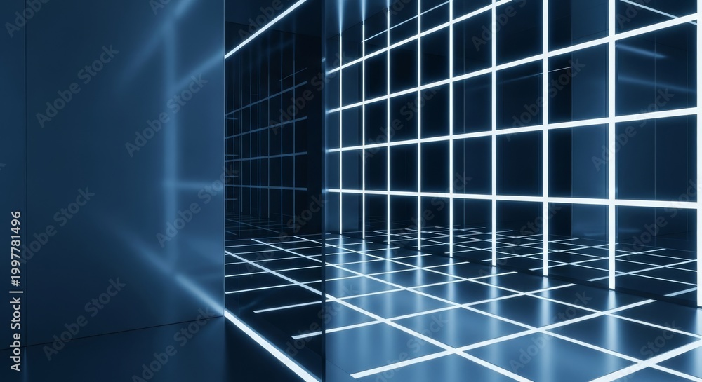 Obraz premium Modern minimalist interior with luminous light strips creating a grid pattern reflected on glass surfaces in deep blue and silver hues, glowing, modern, strips