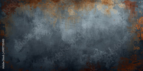 Old aged grunge metal texture with a dark dirty rusty surface and smoky vintage pattern on a gray grungy backdrop wall