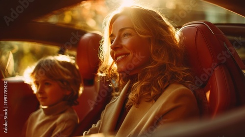 Woman and child sitting inside car with sunlight shining through window, smiling and enjoying travel or daily commute together in warm atmosphere with casual clothing.
