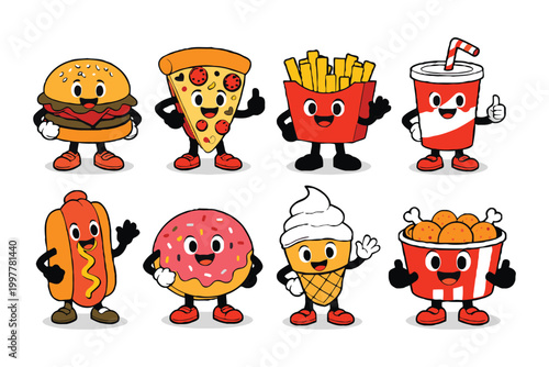Set of cute fast food character mascots including burger pizza fries soda hot dog donut ice cream and chicken