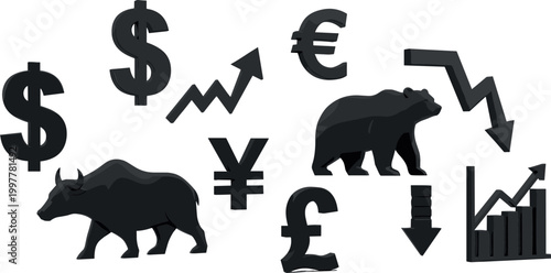 Financial market trends icon set featuring bull bear currency symbols and stock growth decline charts for investment and trading concepts