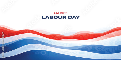 Happy Labor Day USA Background with Red Blue Gradient and Construction Tools Icons, American Workforce Celebration Banner