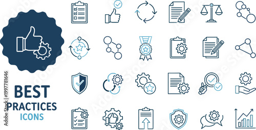 Best practices business outline icon set with checklist gears shield analytics symbols for management training presentations and websites
