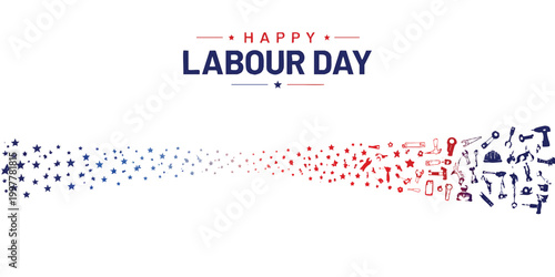 Happy Labor Day USA Background with Red Blue Gradient and Construction Tools Icons, American Workforce Celebration Banner
