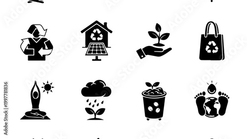 A collection of black and white icons representing various aspects of environmental protection, sustainability, recycling, renewable energy, and nature conservation.