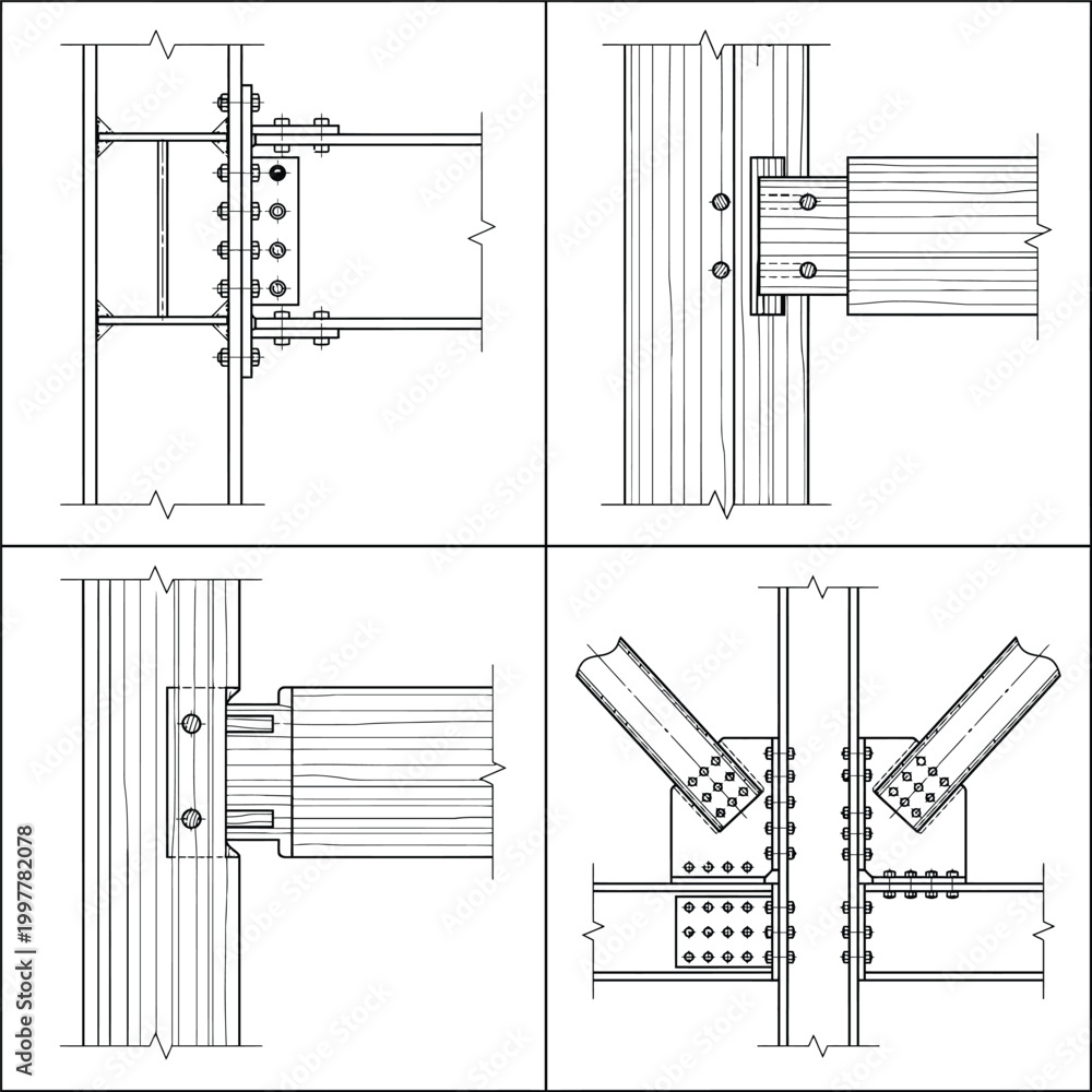 Fototapeta premium Architectural CAD structural connection symbols vector set. Beam to column joint details with bolts, brackets and steel plates for construction drawings and engineering specification sheets