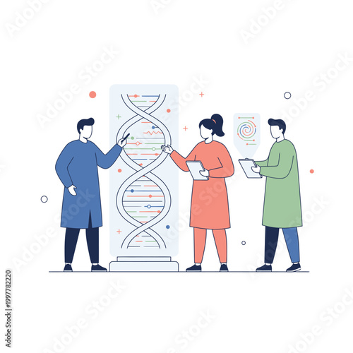 Scientists Analyze DNA Helix Diagram Together.