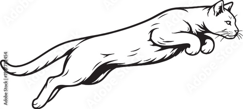 Ocicat cat mid air leap line art, jumping feline pose illustration, black white cat vector, dynamic domestic cat drawing