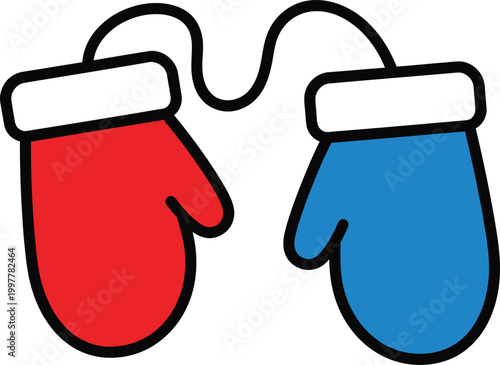 Colorful mittens on , festive winter clothing, vibrant red and blue colors, flat illustration, for holiday greeting cards on transparent background