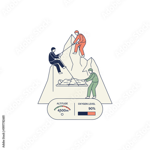 Mountain climbers ascending a rugged illustrated peak.