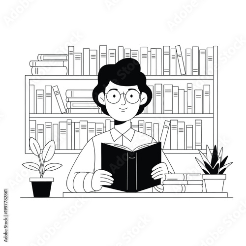 Student Reader Focused On A Book In Library.